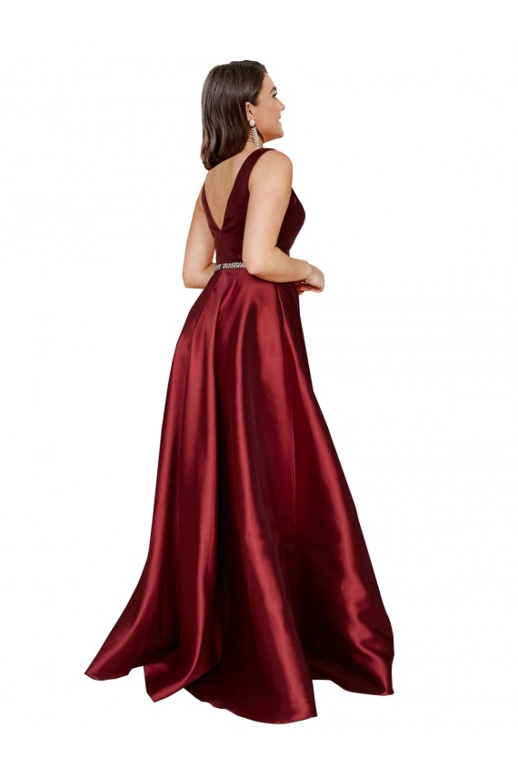 Cheap Sleeveless Deep V-Neck A-Line Satin Prom Dress with Pockets