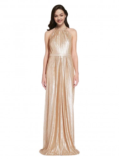 Cheap Floor Length Halter Neck Sparkling Sequin Prom Dress with Pleats