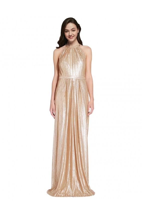 Cheap Floor Length Halter Neck Sparkling Sequin Prom Dress with Pleats