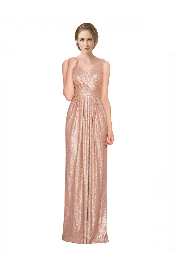 Cheap Draped V-Neck Striking Sheath Floor Length Sequin Prom Dress