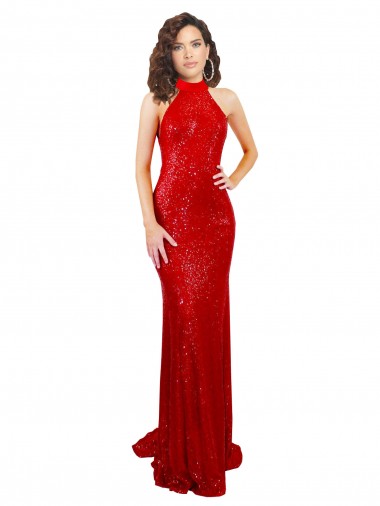 Cheap Halter High Neck Mermaid Open Back Sequin Prom Dress