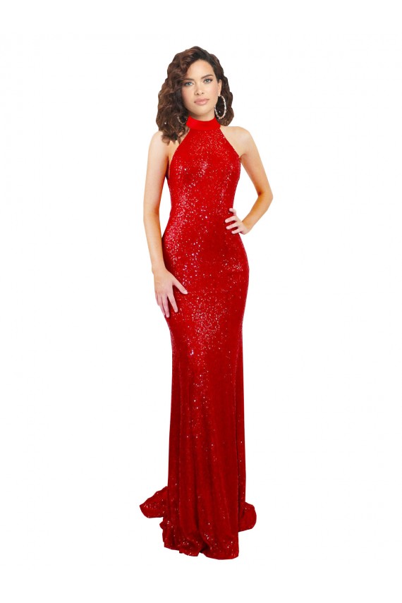 Cheap Halter High Neck Mermaid Open Back Sequin Prom Dress