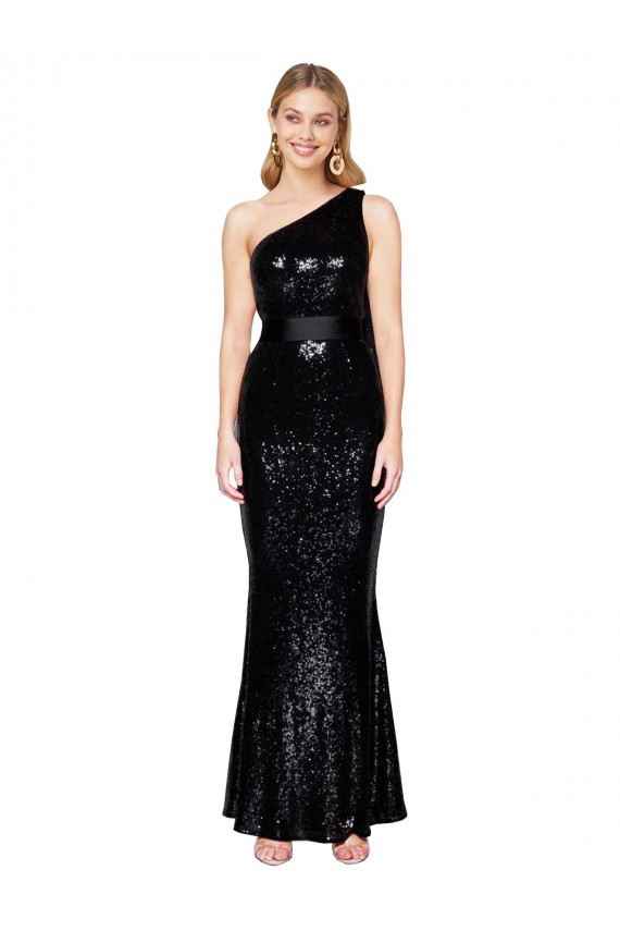 Cheap Draped One Shoulder Long Full Length Sequin Prom Dress