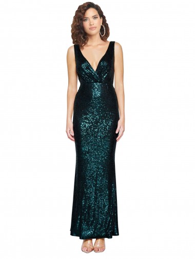 Cheap V-Neck Full Length Sequin Prom Dress with Draped Back