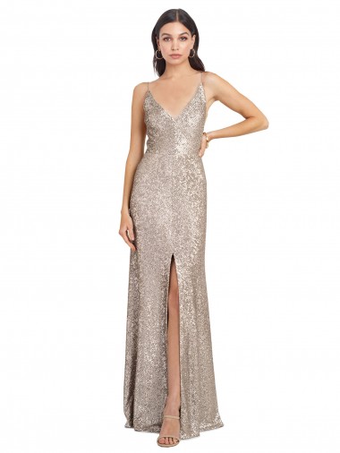 Cheap V-Neck Fully Sequin Prom Dress with V-Back and Front Slit