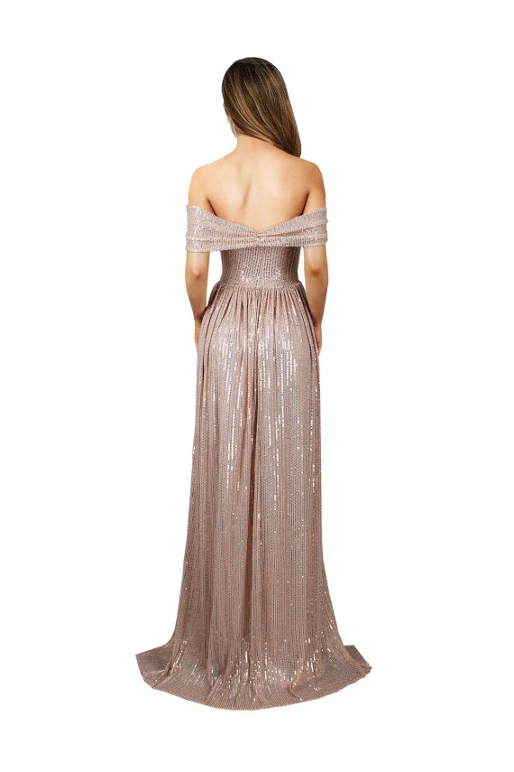 Cheap Strapless Scoop Neck Off the Shoulder Long Sequin Prom Dress with High Slit