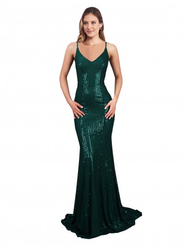 Cheap Fishtail Shaped V-Neck Open Back Long Sequin Prom Dress