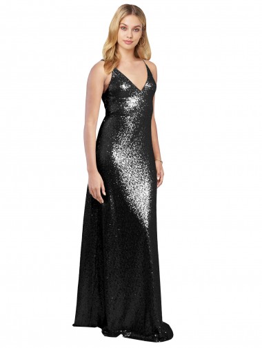 Cheap Full Length A-Line Sequin Prom Dress with Spaghetti Straps V-Neckline