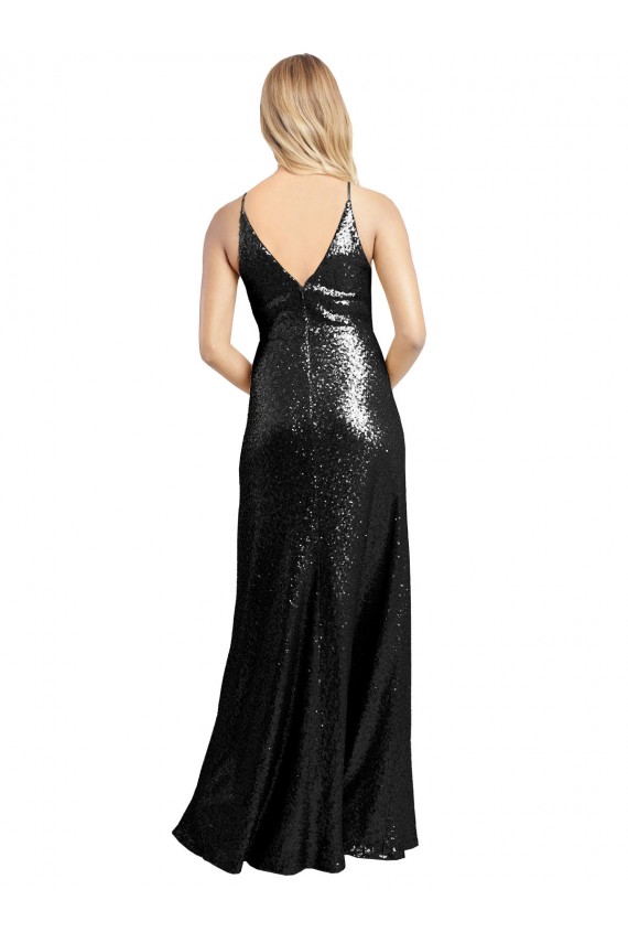 Cheap Full Length A-Line Sequin Prom Dress with Spaghetti Straps V-Neckline