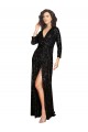 Cheap Deep V-Neckline Full Back Long Sleeves Sparkling Sequin Prom Dress with High Slit