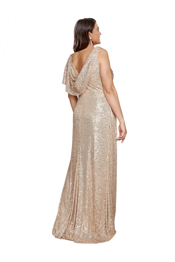 Cheap Deep V-Neck Sleeveless Sparkling Sequin Prom Dress with Draped Cowl Back