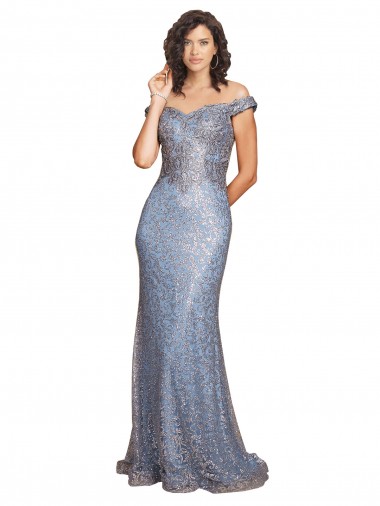 Cheap Off the Shoulder Sweetheart Neckline Sequin Prom Dress with Thigh High Slit