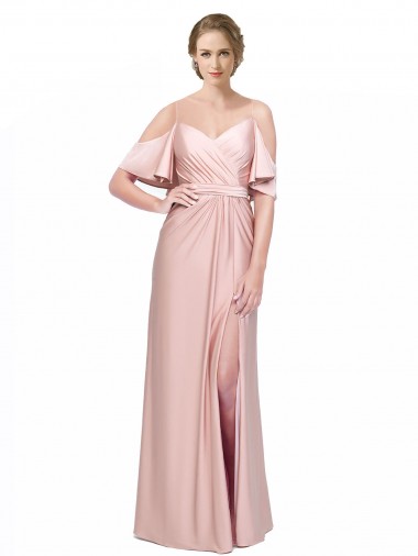 Cheap Draped Cold Shoulder Sleeves Long Silky Satin Prom Dress with Slit and Tie Back