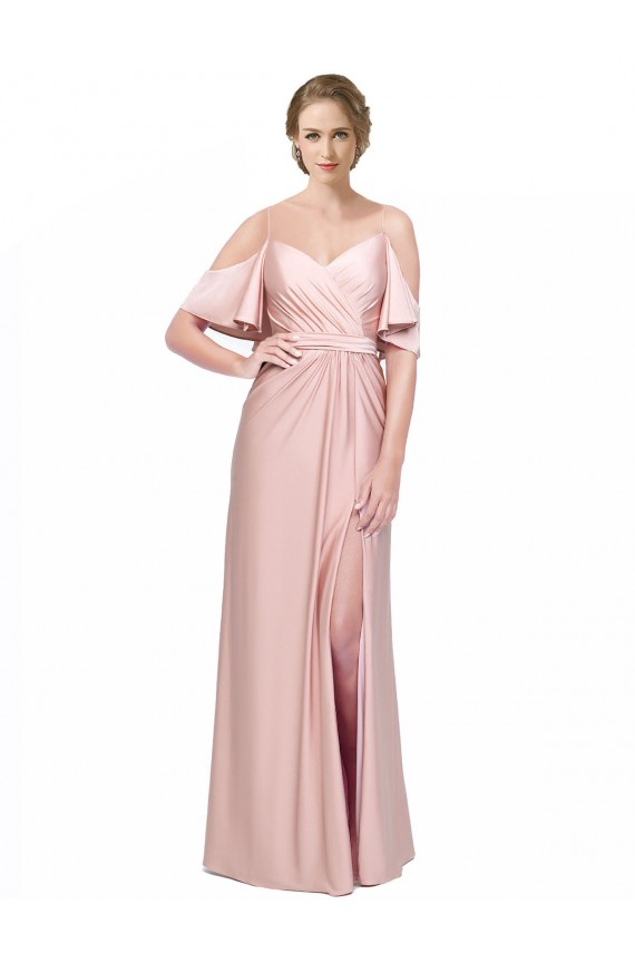 Cheap Draped Cold Shoulder Sleeves Long Silky Satin Prom Dress with Slit and Tie Back