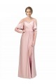 Cheap Draped Cold Shoulder Sleeves Long Silky Satin Prom Dress with Slit and Tie Back