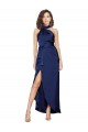 Cheap Full Length High Neck Wrap Silky Satin Prom Dress with Waist Tie
