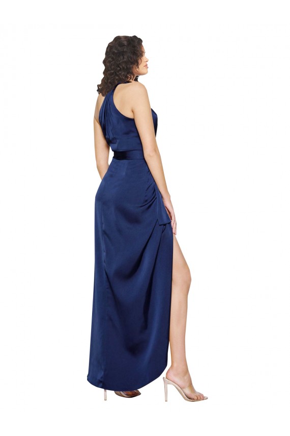 Cheap Full Length High Neck Wrap Silky Satin Prom Dress with Waist Tie