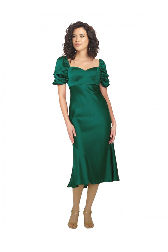Cheap Ruched Sleeve Silky Satin Prom Dress