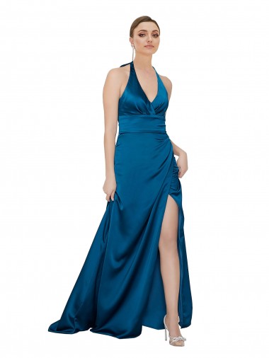 Cheap Halter Neck Silky Satin Prom Dress