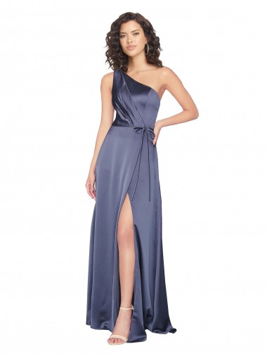 Cheap Draped Silky Satin Prom Dress with Tied Waist