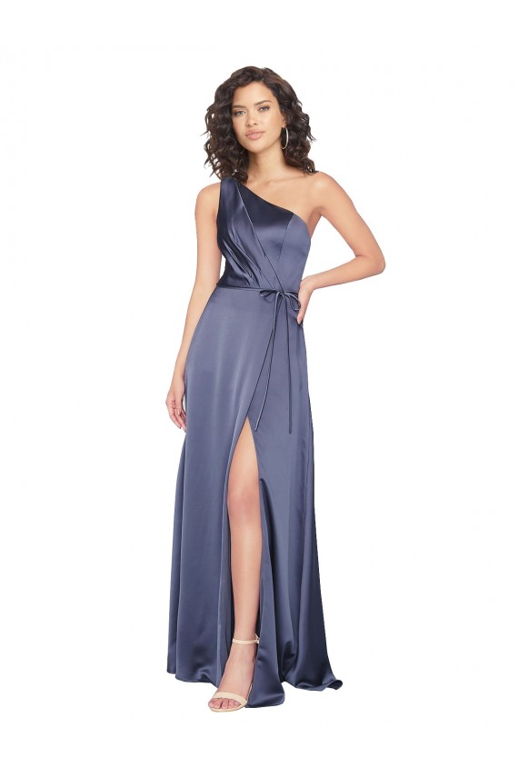 Cheap Draped Silky Satin Prom Dress with Tied Waist