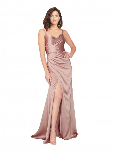 Cheap Floor Length Silky Satin Prom Dress with Front Skirt Slit
