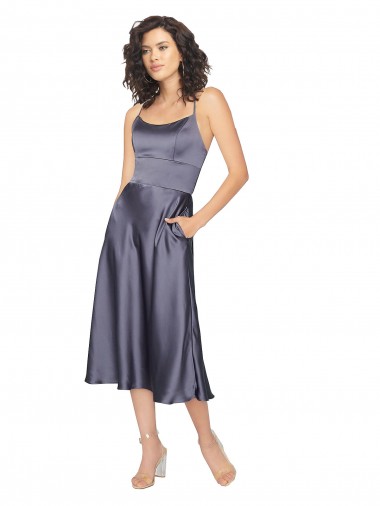 Cheap Midi Length Silky Satin Cocktail Prom Dress / Homecoming Dress with Open Tied Back