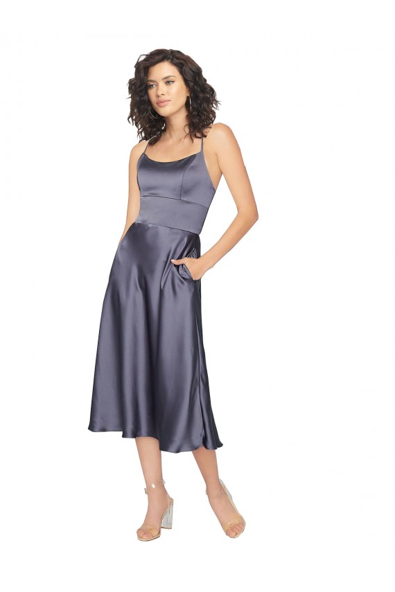 Cheap Midi Length Silky Satin Cocktail Prom Dress / Homecoming Dress with Open Tied Back