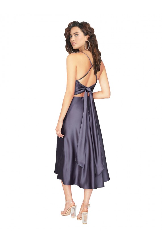 Cheap Midi Length Silky Satin Cocktail Prom Dress / Homecoming Dress with Open Tied Back