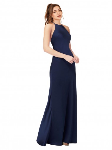 Cheap High Neck Satin Prom Dress with Strappy Back