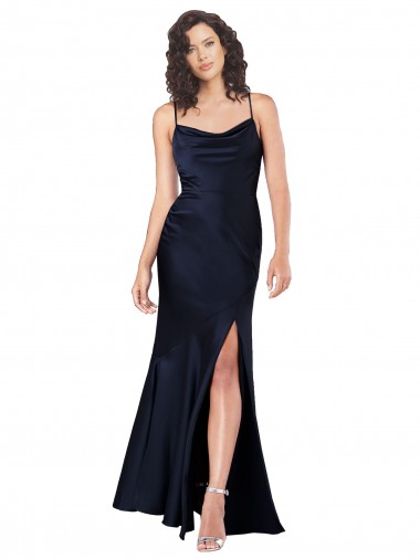 Cheap Draped Cowl Neck Silky Satin Prom Dress with Skirt Slit