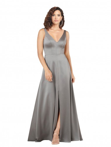 Cheap Plunging V-Neckline Long A-Line Silky Satin Prom Dress