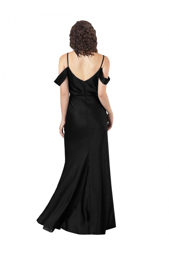 Cheap Off the Shoulder Sleeves Silky Satin Prom Dress with Skirt Slit