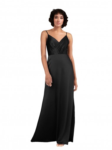 Cheap Full Length V-Neckline Silky Satin Prom Dress with Spaghetti Straps