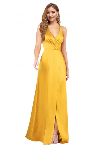 Cheap Halter A-Line Silky Satin Prom Dress with V-Neckline and Slit