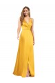 Cheap Halter A-Line Silky Satin Prom Dress with V-Neckline and Slit