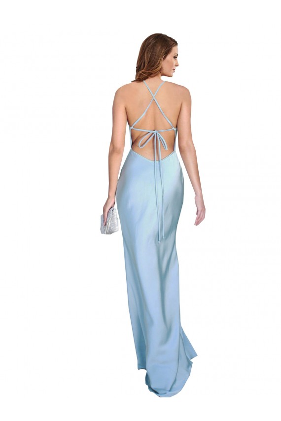 Cheap Open Back with Ties Cowl Neck Sheath Silky Satin Long Bridessmaid Dress