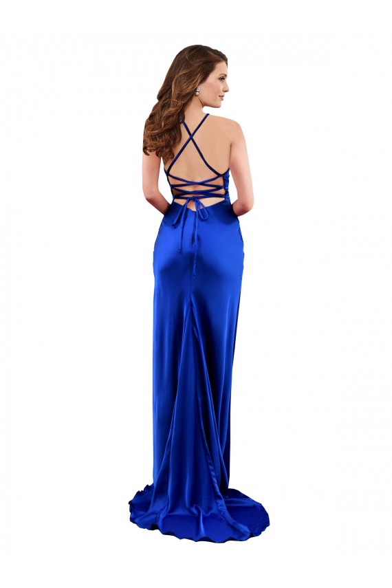 Cheap Open Back Cowl Neck Long Silky Satin Prom Dress