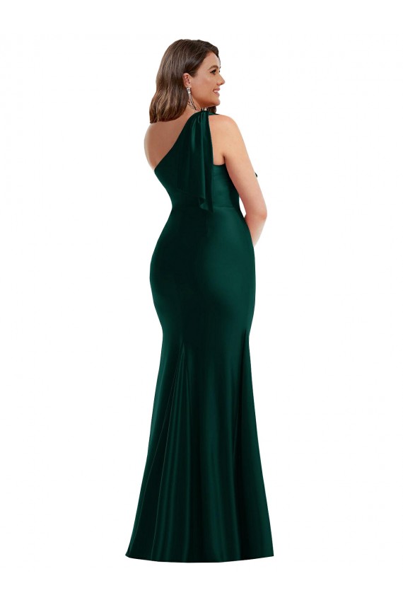 Cheap Cascading Bow One Shoulder Silky Satin Mermaid Prom Dress with Front Slit