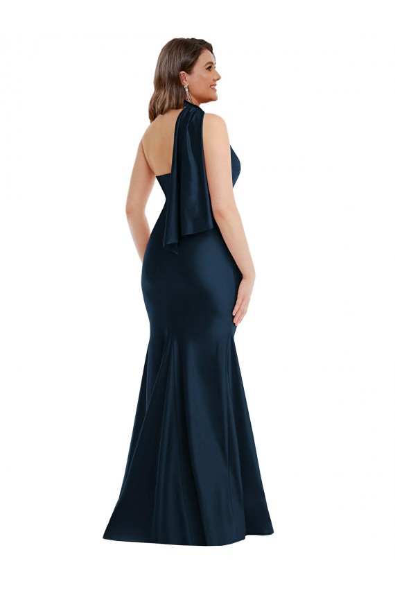 Cheap Scarf Neck One Shoulder Silky Satin Mermaid Prom Dress with Front Slit