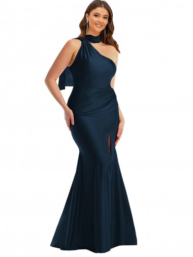 Cheap Scarf Neck One Shoulder Silky Satin Mermaid Prom Dress with Front Slit