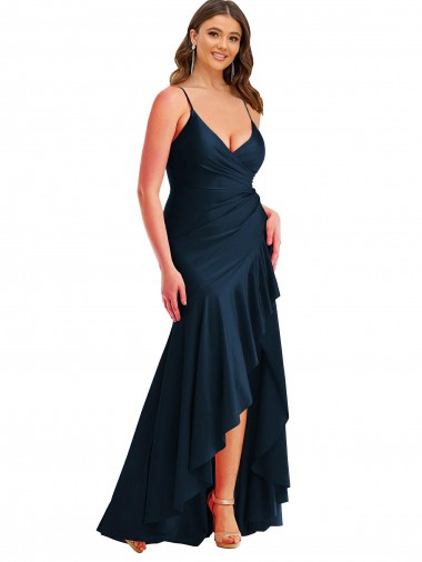 Cheap Pleated Wrap Ruffled High Low Silky Satin Prom Dress