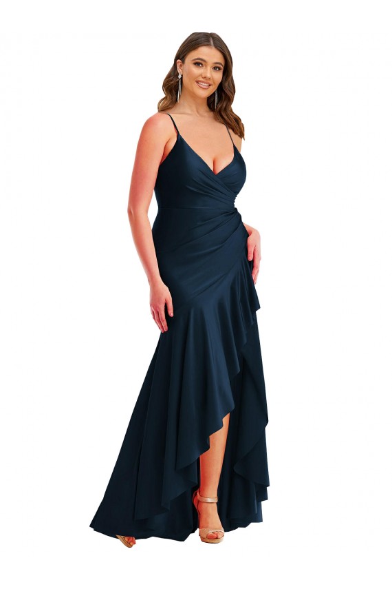 Cheap Pleated Wrap Ruffled High Low Silky Satin Prom Dress
