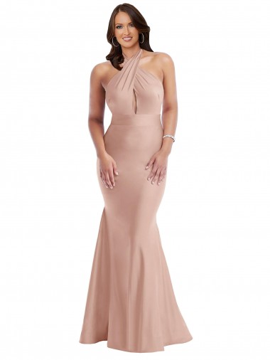 Cheap Criss Cross Halter Open Back Silky Satin Mermaid Prom Dress