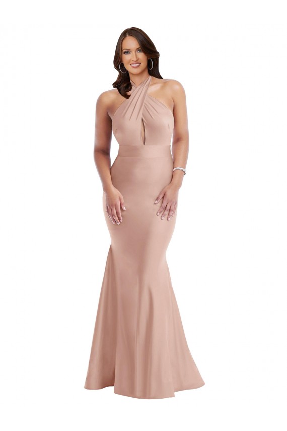 Cheap Criss Cross Halter Open Back Silky Satin Mermaid Prom Dress