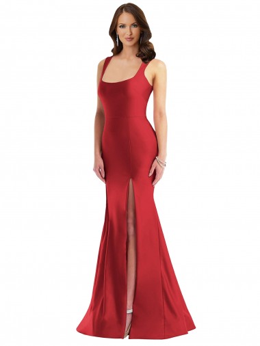 Cheap Square Neck Silky Satin Mermaid Prom Dress with Side Slit