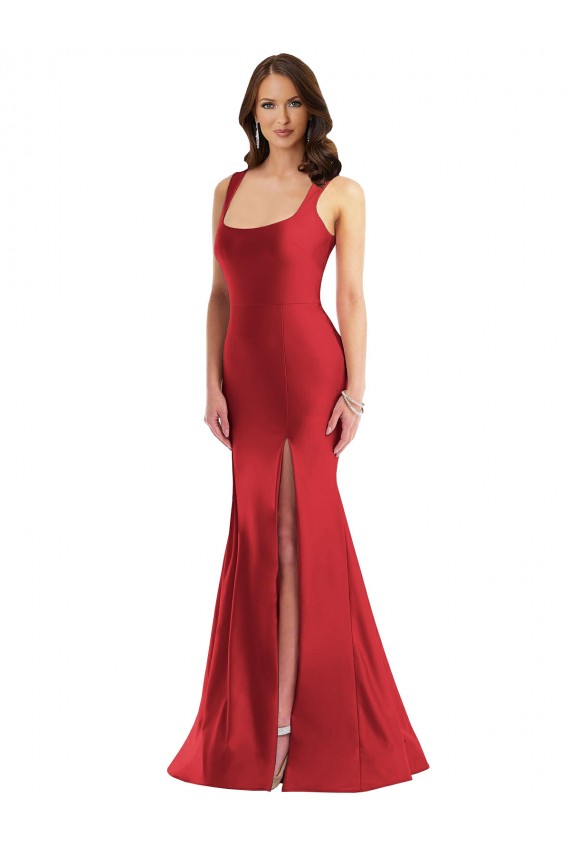 Cheap Square Neck Silky Satin Mermaid Prom Dress with Side Slit