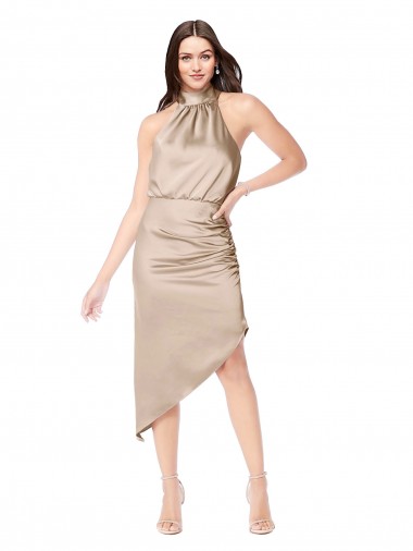 Cheap Silky Satin High Low Midi Length Cocktail Prom Dress / Homecoming Dress with Asymmetric Skirt
