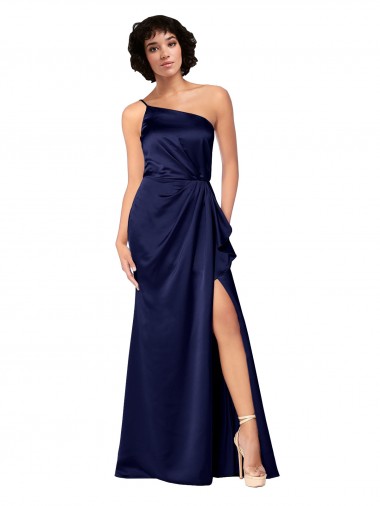 Cheap One Shoulder Silky Satin Prom Dress with Skirt Slit