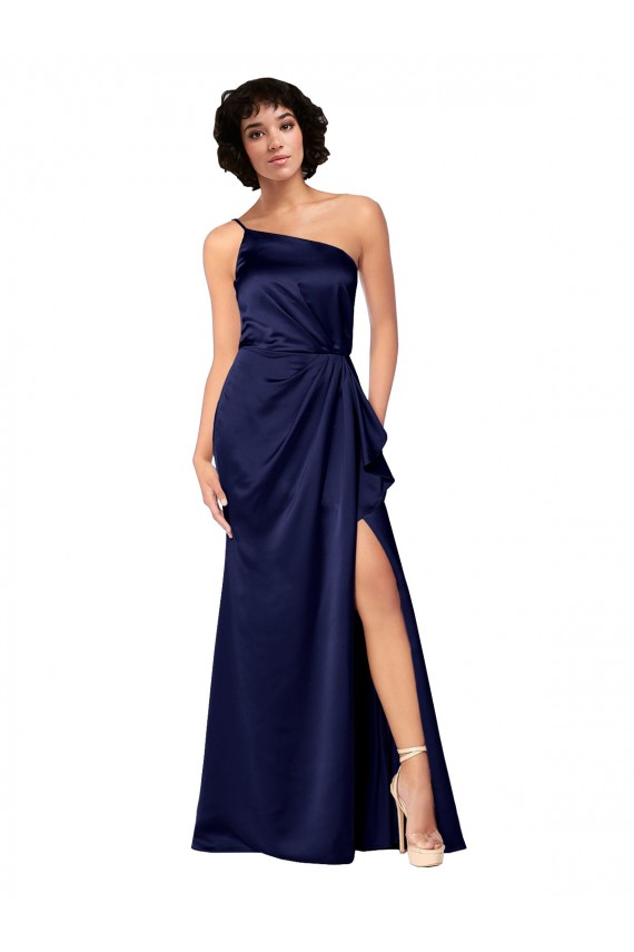 Cheap One Shoulder Silky Satin Prom Dress with Skirt Slit